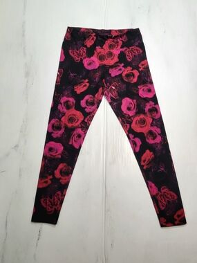 No Boundaries Black Leggings with Pink & Red Floral Print